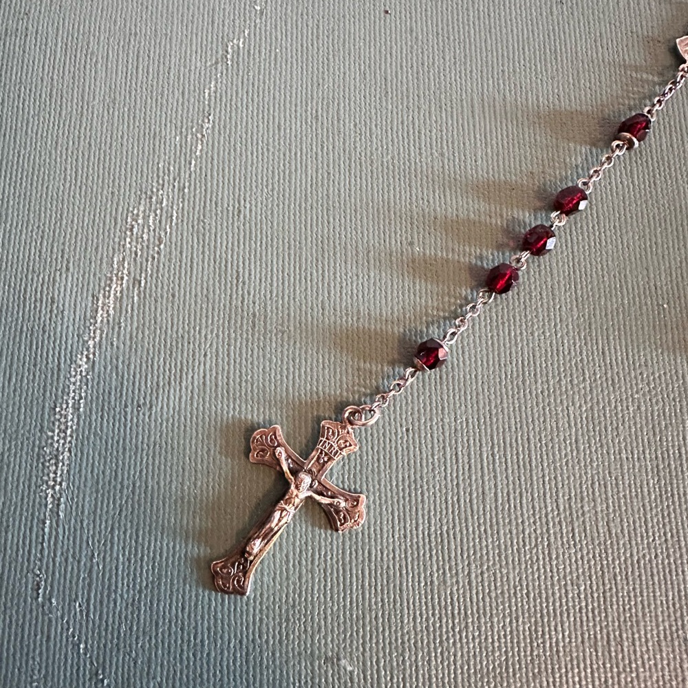Vintage Sterling Silver and Red Garnet Beaded Cross Crucifix Rosary Necklace - Picture 3 of 7
